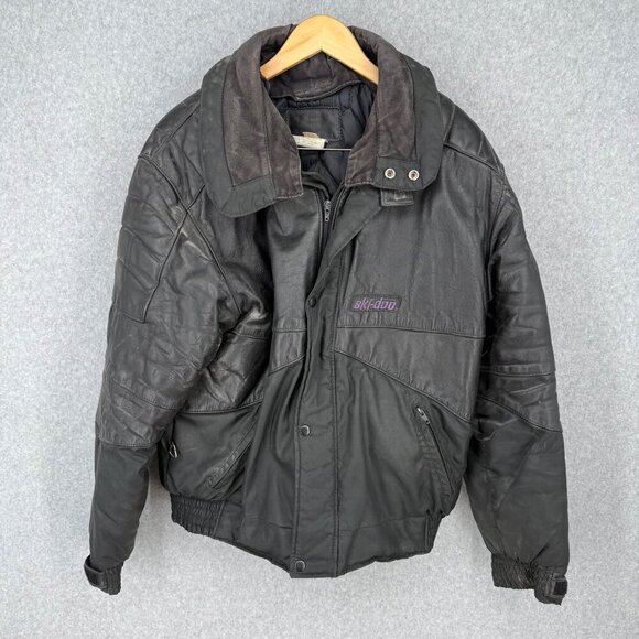 Ski-Doo Mens Vintage Leather Bomber Jacket Size 40/M/L Black Removable Collar - Picture 1 of 15